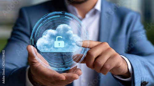 A man in a suit holds a glowing digital cloud with an unlocked padlock, representing cloud security and data protection