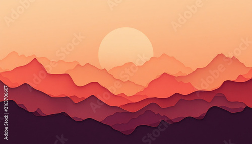 Abstract Layered Paper Landscape Mountain Silhouette Sunset Banner Background