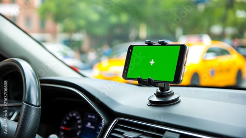 Car dashboard with mounted smartphone and taxi traffic on city street