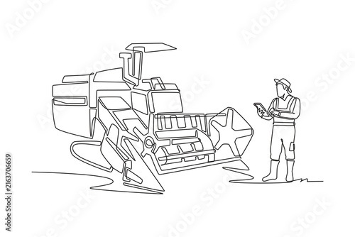Continuous one line drawing young man working as modern farmer checking digital tablet near large combine harvester, smart agriculture and agronomy. Single line draw design vector graphic illustration