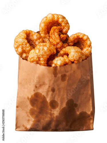 Crispy fried pork rinds in paper bag snacks kap moo thai snack