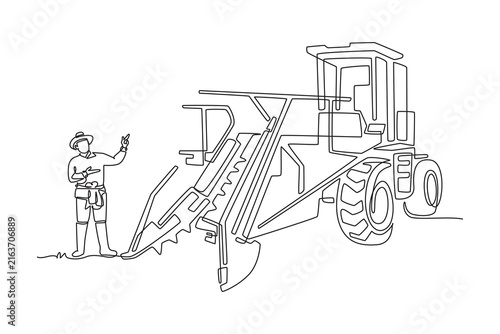 Continuous one line drawing man farmer pointing at large combine harvester machine, representing agricultural innovation and modern crop harvesting. Single line draw design vector graphic illustration