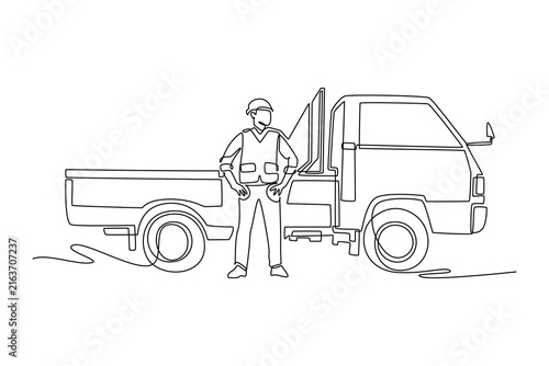 Continuous one line drawing young man driver standing in front of an empty pickup truck bed. Freight logistic, automotive cargo transport, delivery. Single line draw design vector graphic illustration