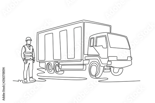 Single one line drawing young male driver standing next to large cargo delivery truck, representing logistics, freight, transportation services. Continuous line draw design graphic vector illustration