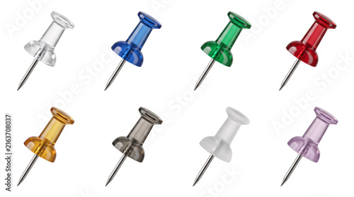 Photography Collection of eight translucent push pins in various colors png isolated on tran