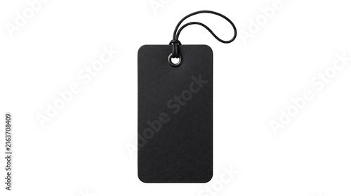 Foto Dark black rectangular tag with string and metal grommet on png isolated on tran