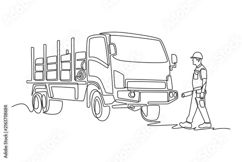 Single one line drawing young man working as engineer holding blueprints near timber cargo truck, logging transport and construction site work. Continuous line draw design graphic vector illustration