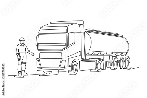 Single continuous line drawing young man driver gesturing toward a heavy fuel tanker truck. Petroleum shipping, chemical delivery, and energy logistic. One line draw graphic design vector illustration