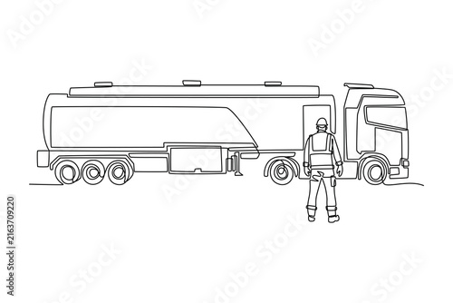 Single continuous line drawing man working as a fuel tanker truck driver standing next to large cargo cistern semi trailer. Liquid petroleum transport. One line draw graphic design vector illustration