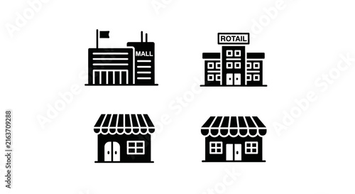 Black retail store and shopping mall building icon set
