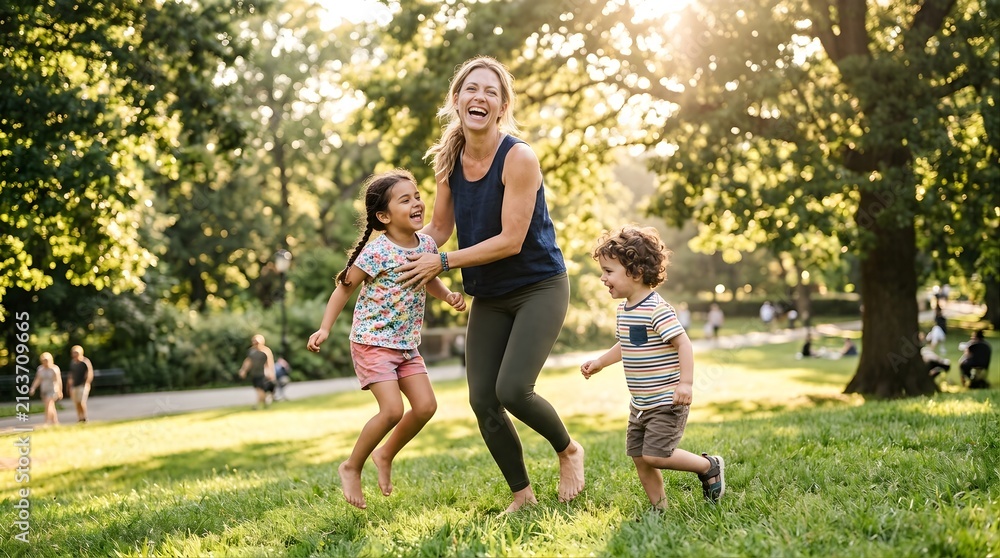 Fototapeta premium Happy Mother Playing With Her Two Children Outdoors In A Sunny Park