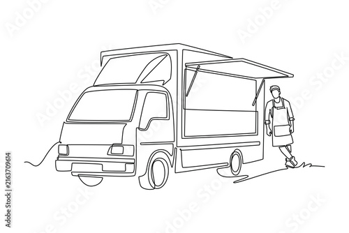 Single continuous line drawing male food truck owner wearing an apron and leaning casually against mobile street snack van with its serving hatch open. One line draw graphic design vector illustration