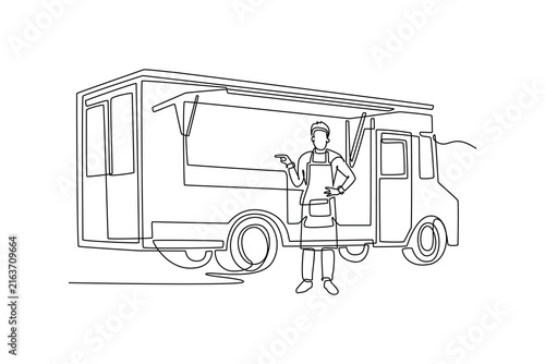 Single continuous line drawing young man wearing apron standing in front of mobile food truck, presenting street culinary business, catering service. One line draw graphic design vector illustration