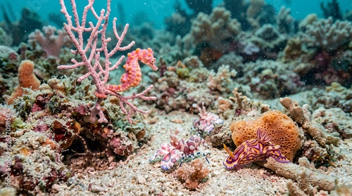 Underwater macro scene of a miniature coral reef community on a sandy seafloor, a vibrant pygmy seahorse clinging to delicate coral branches, tiny harlequin shrimp exploring the sand