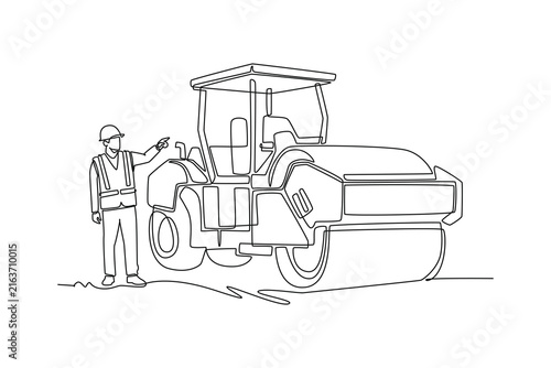 Single continuous line drawing man working as a road roller operator in safety gear pointing, conceptualizing construction, infrastructure development. One line draw graphic design vector illustration