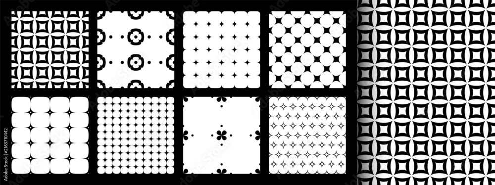 Fototapeta premium Collection of minimalist monochrome seamless pattern swatches with geometric and floral designs. Vector illustration.
