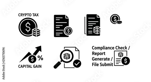 Crypto tax and compliance reporting icons.