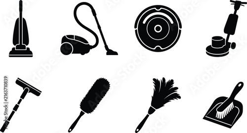 Cuadro en lienzo Black silhouette cleaning icons set with vacuum cleaners robot vacuum floor poli
