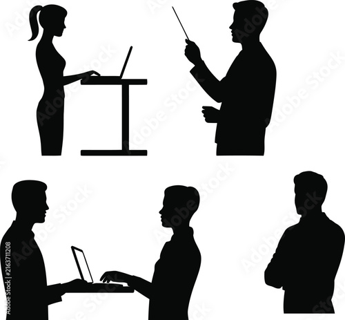 Bild auf Leinwand Educational teamwork silhouettes of lecturer, presenter, laptop user, and observ