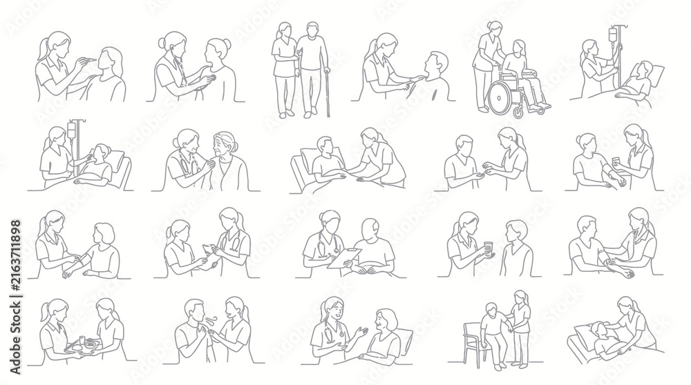 Obraz premium Black and White Line Art Set of Nurses and Patients: Medical Healthcare Interactions and Services