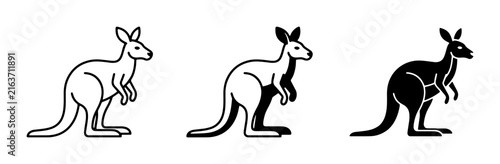 Kangaroo Icons Set, Australian Wildlife Vector Graphics, Simple Outline and Silhouette Illustrations for Design