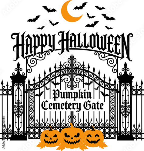 Happy Halloween text with pumpkins and bats flying near a cemetery gate under a crescent moon