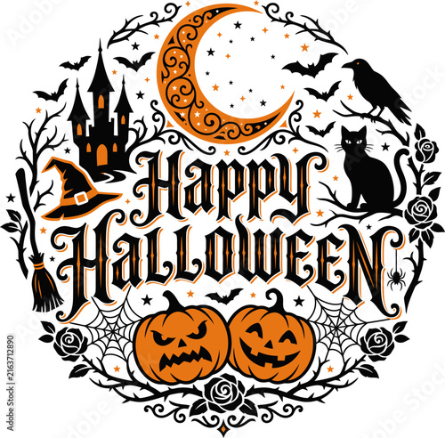 Happy Halloween text with spooky pumpkins crescent moon haunted castle and black cat silhouette during night