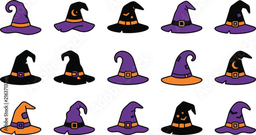 Halloween witch hat set collection vector icon design isolated element spooky magic party graphic illustration