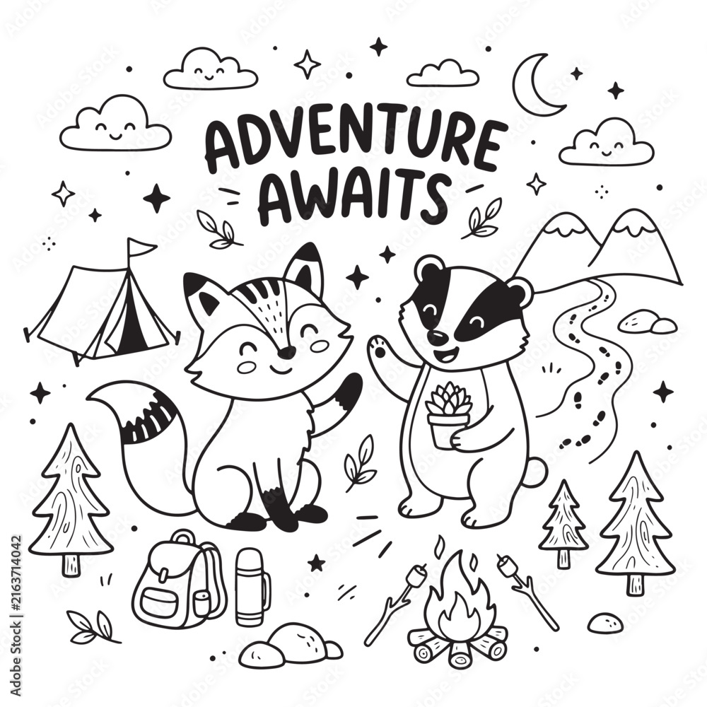 Naklejka premium Camping Adventure with Cartoon Raccoon and Badger.