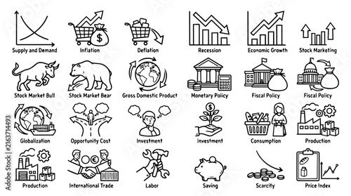 Economic and Financial Concepts Line Icons Set. Business, Market, Trade, and Economic Indicators
