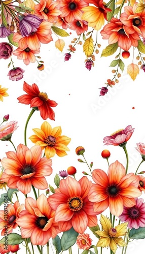 Watercolor illustration of autumnal blooms against a crisp white backdrop, vector, clipart