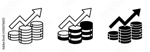 Financial Growth Icons, Stacked Coins with Upward Arrow Graph, Business Investment and Profitability Concepts, Vector Illustrations
