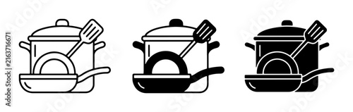 Kitchenware Icons Set: Pots, Pans, and Spatulas. Cooking Utensils, Culinary Tools, Food Preparation Graphics. Vector Illustrations for Recipes, Menus, and Food Blogs.