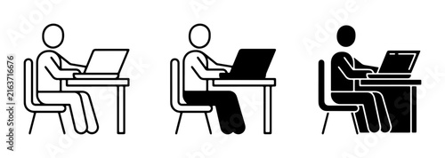 Person Working on Laptop, Sitting at Desk Icon Set: Simple Stick Figure Illustrations for Digital Life, Remote Work, and Office Concepts