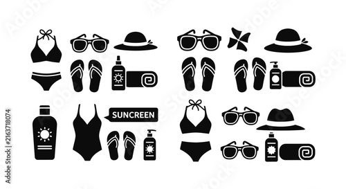 Summer vacation silhouettes featuring swimwear, sunglasses, and flip-flops.