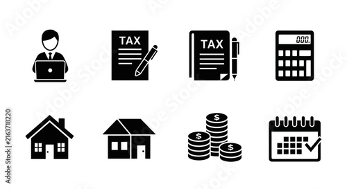 Taxation and financial planning icon collection.