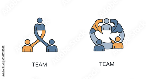 Teamwork and collaboration icons showing connected people in linear and circular arrangements.