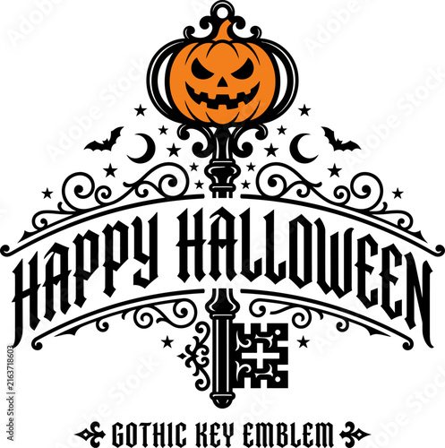 Jack-o'-lantern Gothic Key with Happy Halloween text and bats during night concept