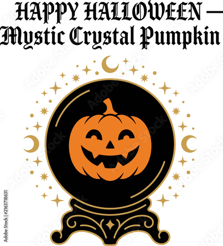 Jack-o-lantern inside a crystal ball with mystic celestial elements during Halloween night concept