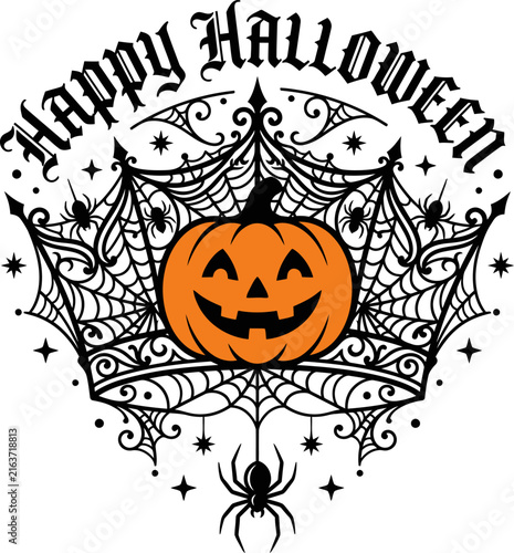 Jack-o-lantern in ornate spiderweb crown during Halloween with festive stars and spiders