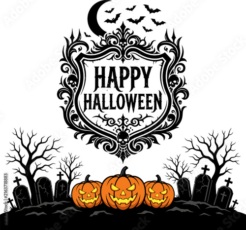 Jack-o'-lanterns in a spooky graveyard under a crescent moon with bats flying during Halloween