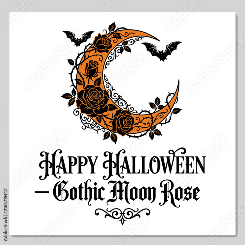 Ornate crescent moon with gothic roses and bats during a spooky Halloween celebration