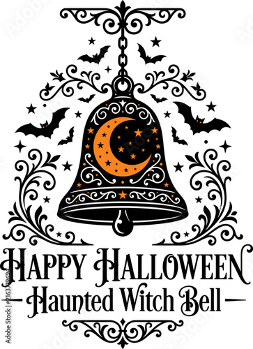 Ornate Halloween bell with crescent moon and bats in decorative swirls for seasonal celebration