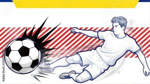 Soccer player kicks ball with dynamic motion against striped background.