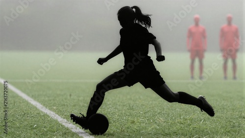 Silhouette of a soccer player kicking ball on foggy field with blurred teammates in background.
