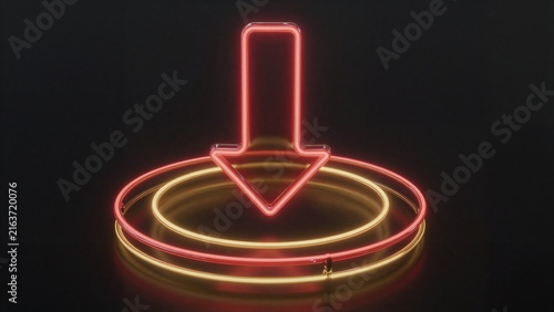 Red neon download arrow glowing above golden rings against a dark background.