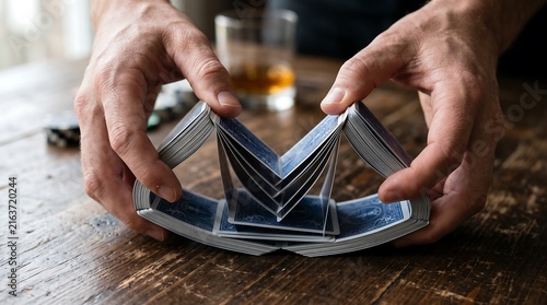 Close up of hands shuffling blue playing cards on a wooden table