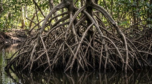 Dense mangrove root system in tropical wetland environment