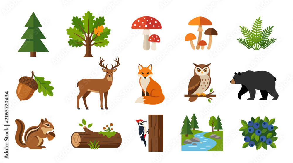 Obraz premium Flat Illustration of Woodland Forest Animals, Plants, and Nature Elements