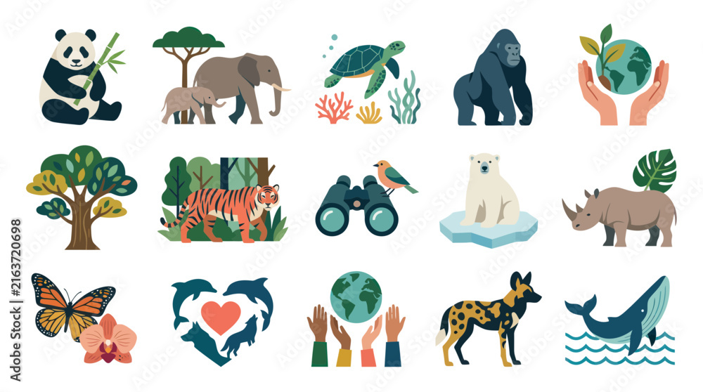 Obraz premium Diverse Animals Nature Icons: Panda, Elephant, Gorilla, Tiger, Whale, Arctic Fox, Rhino, Butterfly, Earth